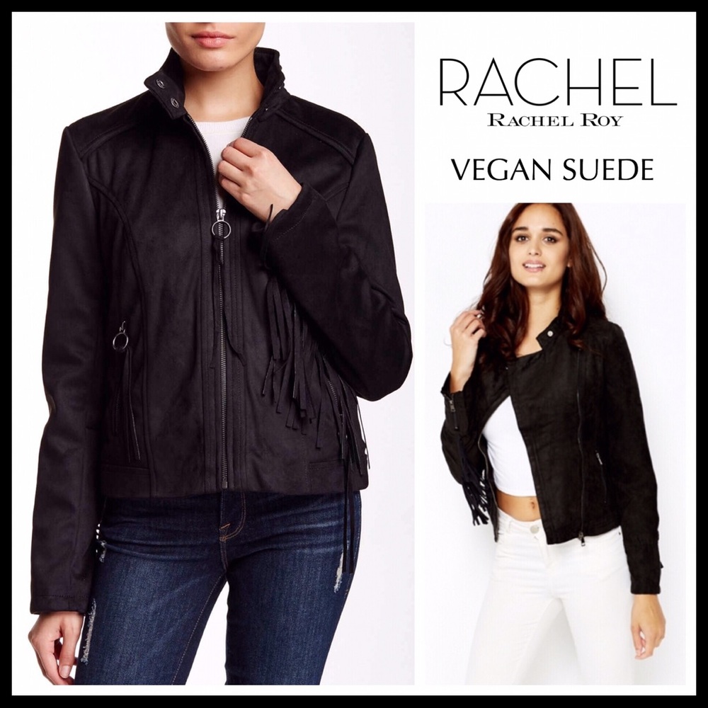BLACK BOHO FRINGE VEGAN SUEDE MOTO BOMBER JACKET ZIP UP A2C - Picture 10 of 10